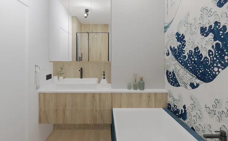 Nowoczesna łazienka z drewnianymi elementami, wanną i dekoracją w stylu dopamine decor.