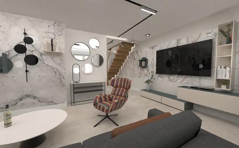 Wnętrze salonu z marmurową ścianą, kolorowym fotelem i minimalistycznym wystrojem. Dopamine decor, industrialny, japandi, minimaluxe, nowoczesny, quiet luxury, współczesny.