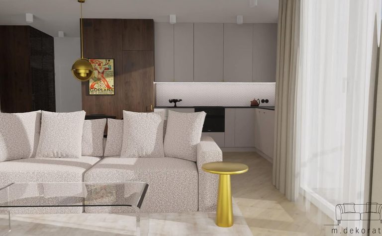 Wnętrze nowoczesnego salonu z beżową sofą, drewnianymi detalami i minimalistycznym stylem.