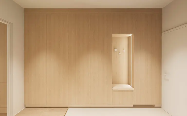 Przedpokój w stylu japandi z minimalistycznym umeblowaniem i nowoczesnymi detalami.