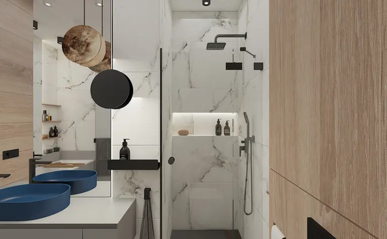 Nowoczesna łazienka minimalistyczna z drewnem i marmurem, styl minimaluxe