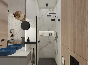 Nowoczesna łazienka minimalistyczna z drewnem i marmurem, styl minimaluxe