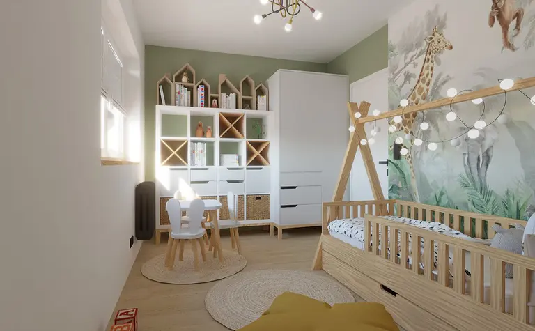 Pokój dziecięcy z drewnianym łóżkiem i dekoracjami dopamine decor.