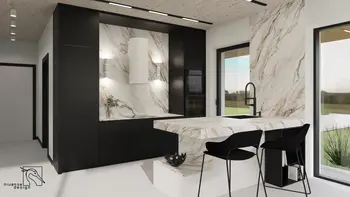 Nowoczesna kuchnia z czarnymi meblami i marmurowym blatem, minimalistyczny design.
