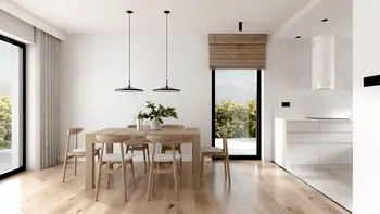 Wnętrze jadalni w stylu japandi i minimalistycznym z drewnianym stołem.
