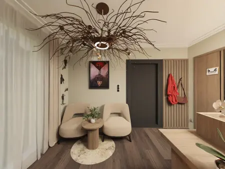 Wnętrze w stylu boho i nowoczesnym z brązowymi meblami i dekoracyjnym oświetleniem.