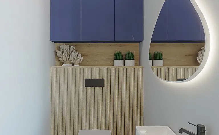 Nowoczesna łazienka w stylu dopamine decor z niebieskimi meblami i drewnianymi detalami.