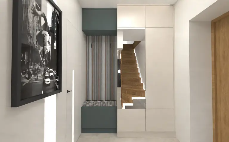 Wnętrze przedpokoju z drewnianymi schodami, minimalistyczne meble, dopamina decor, industrialny i japandi.
