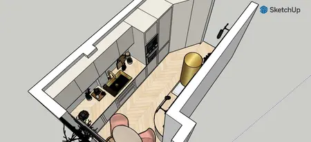Wnętrze kuchni z szarymi meblami, drewnianą podłogą i złotymi detalami. Styl art deco, minimalistyczny.