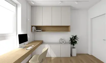 Wnętrze gabinetu z białymi meblami, drewnianym biurkiem, minimalistyczne i nowoczesne.
