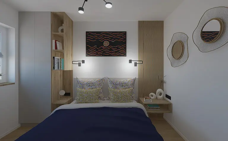 Wnętrze sypialni z drewnianymi detalami i kolorowymi poduszkami w stylu dopamine decor.