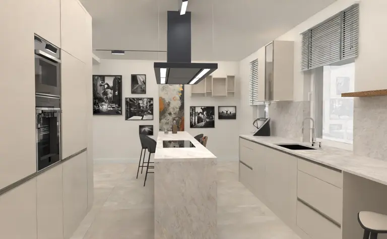 Kuchnia w stylu dopamine decor, industrialnym i japandi z białymi meblami.