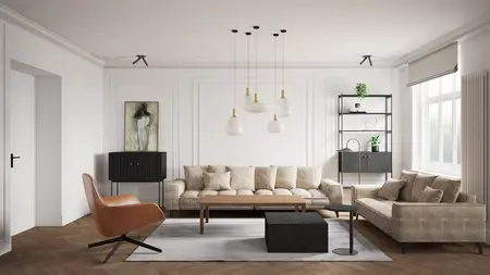 Wnętrze salonu w stylu boho i eklektycznym, nowoczesne meble.