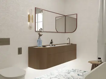 Nowoczesna łazienka w stylu soft minimalizm i vintage z drewnianymi elementami.