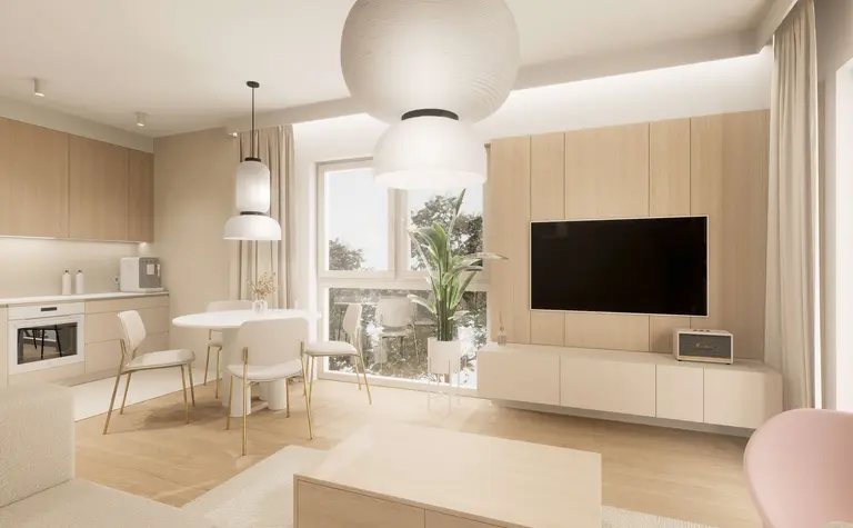 Wnętrze kuchni w stylu japandi z minimalistycznymi meblami i elementami quiet luxury.
