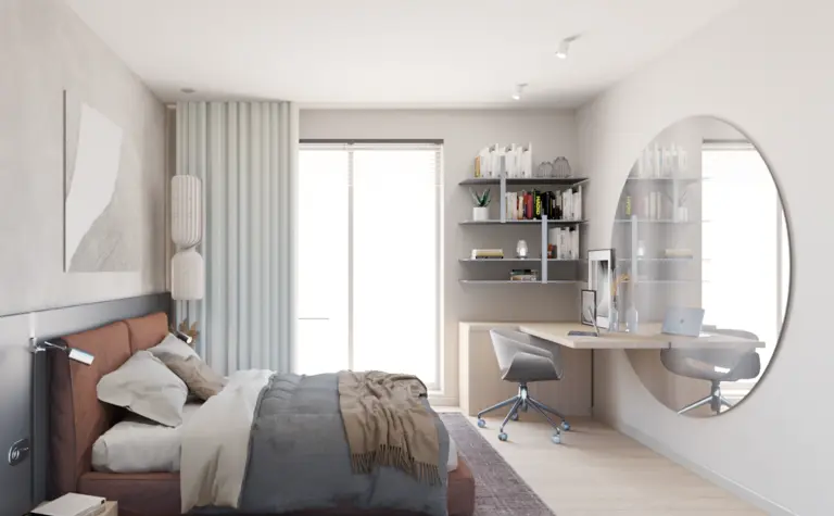 Sypialnia z nowoczesnym biurkiem i brązowym łóżkiem, współczesny design.