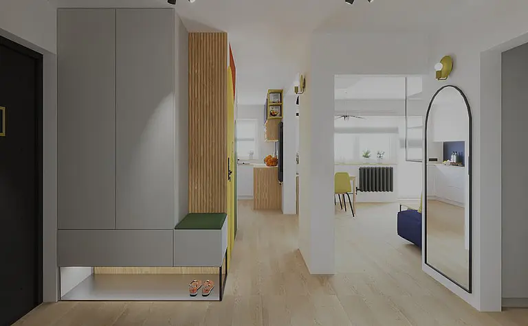 Przedpokój z zieloną ławką, drewnianymi meblami i dużym lustrem w stylu dopamine decor.