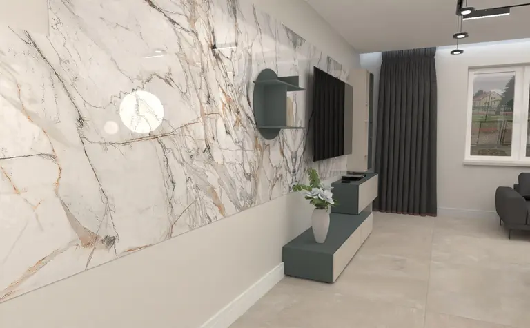 Wnętrze z białą ścianą, szarymi meblami i roślinami, styl dopamine decor, industrialny, japandi, minimaluxe, nowoczesny, quiet luxury, współczesny.