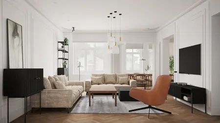 Wnętrze salonu w stylu boho i eklektycznym z nowoczesnymi meblami.