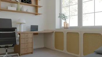 Wnętrze gabinetu w stylu boho z drewnianymi akcentami i nowoczesnym biurkiem.