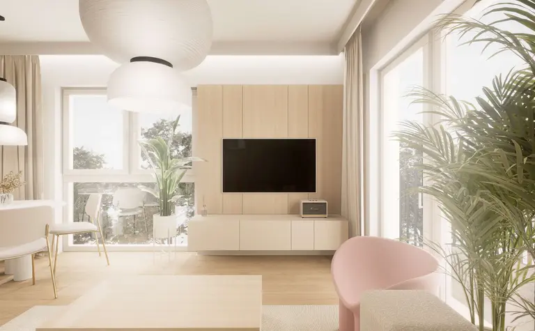 Wnętrze salonu w stylu japandi z minimalistycznymi meblami i roślinami.