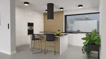 Kuchnia w stylu industrialnym z białymi meblami i drewnianymi detalami.