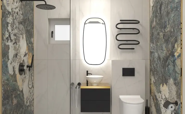 Wnętrze łazienki w stylu dopamine decor, industrialnym i minimalistycznym z nowoczesnymi akcesoriami.