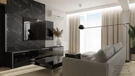 Wnętrze salonu w stylu minimalistycznym i nowoczesnym z czarnymi meblami.