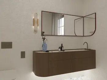Wnętrze łazienki w stylu soft minimalizm i vintage z drewnianymi akcentami.