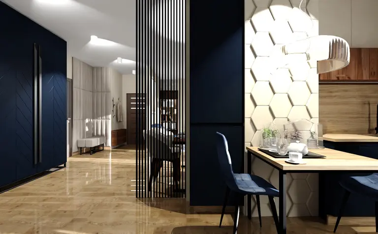 Nowoczesna kuchnia z niebieskimi meblami i drewnianym blatem, stylowy design