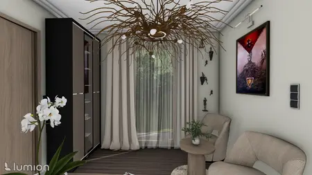 Wnętrze w stylu boho i nowoczesnym z czarnym meblem i roślinami.