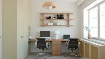 Gabinet w stylu boho i soft minimalizm z biurkiem i nowoczesnymi akcesoriami.