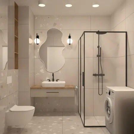 Nowoczesna łazienka z prysznicem, umywalką i elementami glamour oraz industrialnymi.