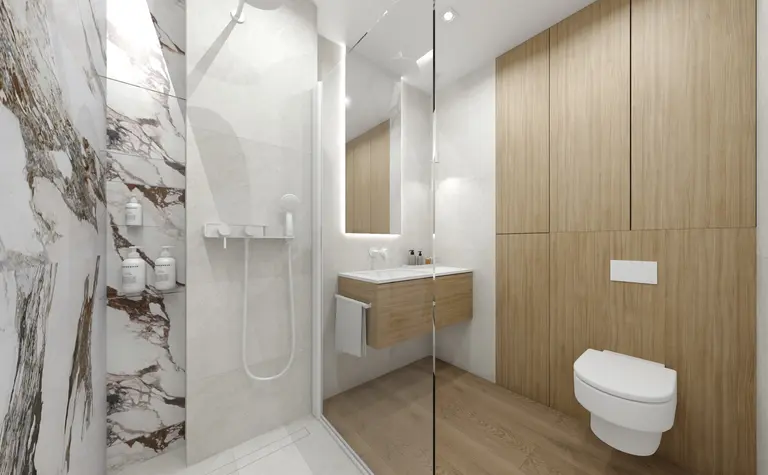 Nowoczesna łazienka z minimalistycznym designem, drewnianymi elementami i eleganckimi płytkami.