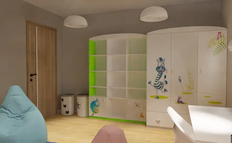 Pokój dla dzieci z kolorową szafą i zieloną półką, współczesny design.