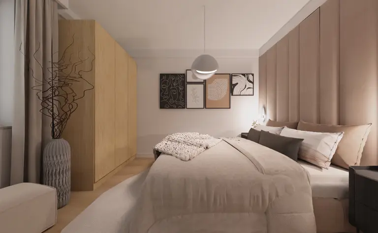 Sypialnia w stylu japandi z beżowymi akcentami i minimalistycznymi detalami.