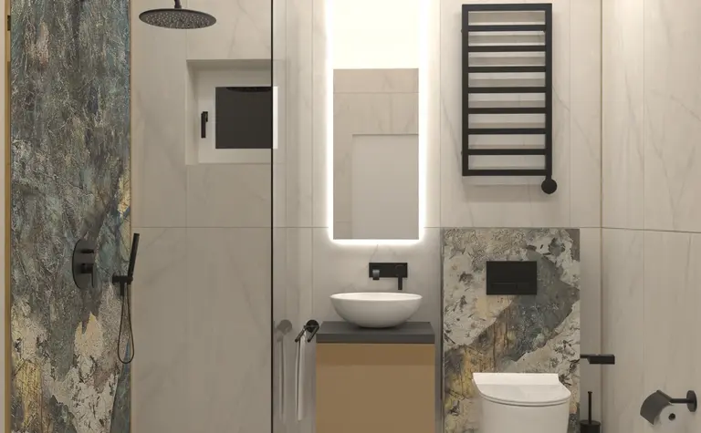 Nowoczesna łazienka w stylu dopamine decor i minimalistycznym z elementami industrialnymi.