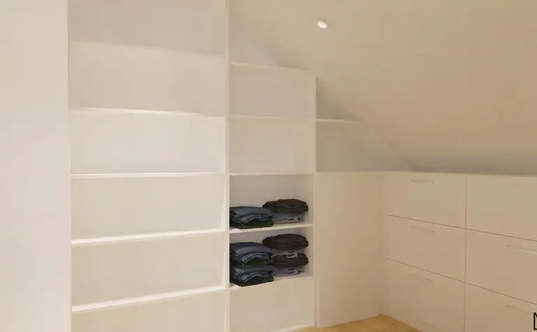 Garderoba z białymi półkami i szufladami, nowoczesny design, przechowywanie ubrań.