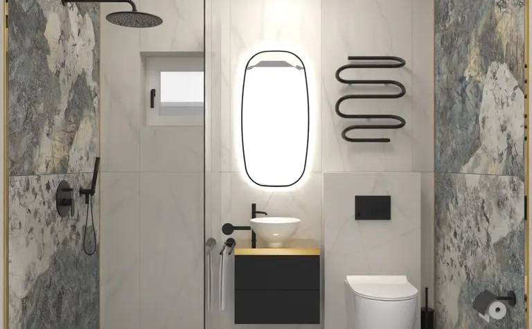 Wnętrze łazienki z kamieniem, minimalizm, industrialne, soft minimalizm, dopamine decor