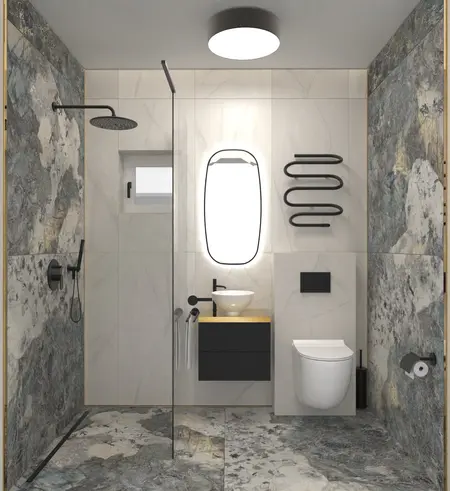 Wnętrze łazienki z kamieniem, minimalizm, industrialne, soft minimalizm, dopamine decor