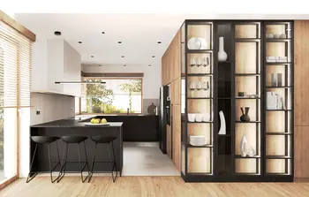 Wnętrze kuchni z drewnianymi meblami i nowoczesnym wykończeniem w stylu industrialnym.