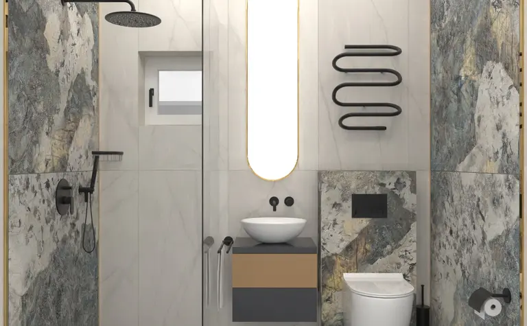 Nowoczesna łazienka w stylach dopamine decor, industrialny i minimalistyczny z kamiennymi akcentami.