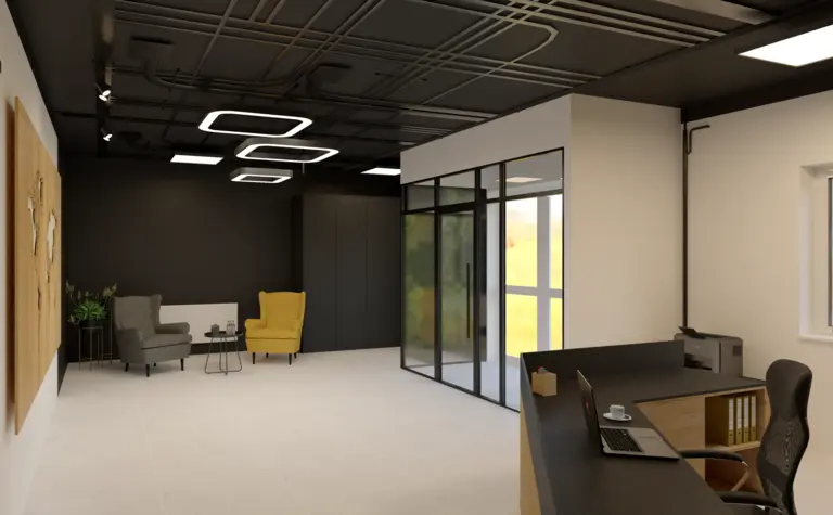 Gabinet w stylu industrialnym z żółtym fotelem i biurkiem