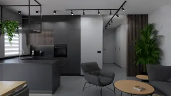 Wnętrze kuchni z industrialnym i minimalistycznym stylem, nowoczesne meble i roślinność.