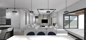 Salon z białymi meblami, kominkiem i dużymi oknami. Styl: dopamine decor, industrialny, japandi, minimalistyczny, minimaluxe, nowoczesny, skandynawski, soft minimalizm, współczesny.