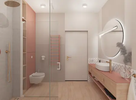 Nowoczesna łazienka z różowymi akcentami i drewnianymi detalami, styl art deco i minimalistyczny.