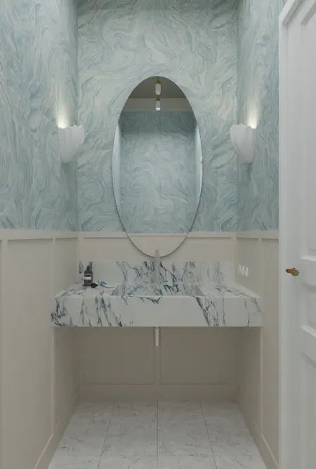 Wnętrze toalety z marmurową umywalką i niebieskimi ścianami w stylu art deco, minimaluxe, quiet luxury.