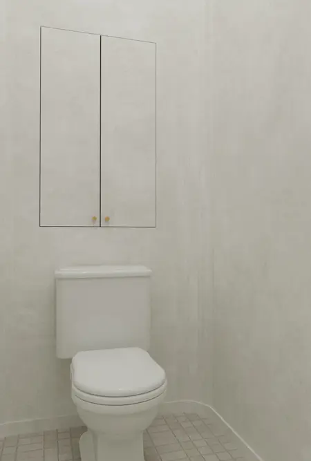 Toaleta z białą muszlą, szarymi ścianami i minimalistycznymi detalami art deco.