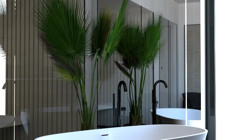 Nowoczesna łazienka z białą wanną, roślinami i minimalistycznym designem.