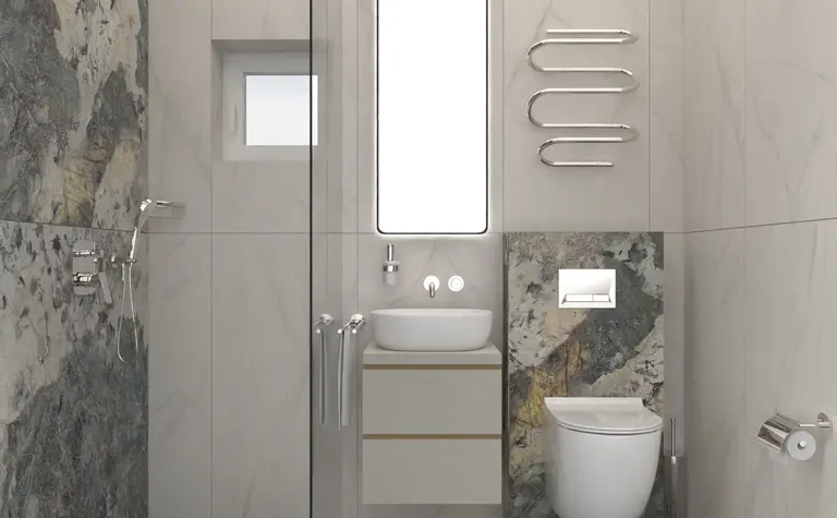 Wnętrze łazienki w stylu dopamine decor i minimalistycznym z marmurowymi elementami.